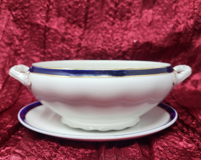 Vintage Alfred Meakin Gravy Boat & Underplate: Bleu de Rio, Navy/Gold Trim