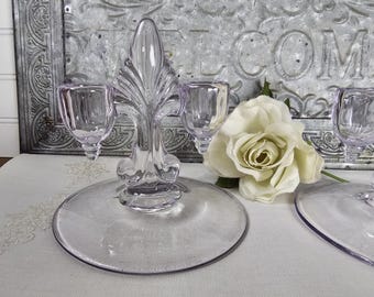 Two 1920s Lavender New Martinsville Candlesticks: Art Deco, Fleur De Lis, Janice Double Light