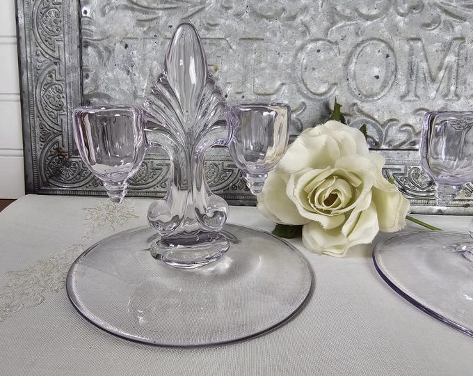 Two 1920s Lavender New Martinsville Candlesticks: Art Deco, Fleur De Lis, Janice Double Light