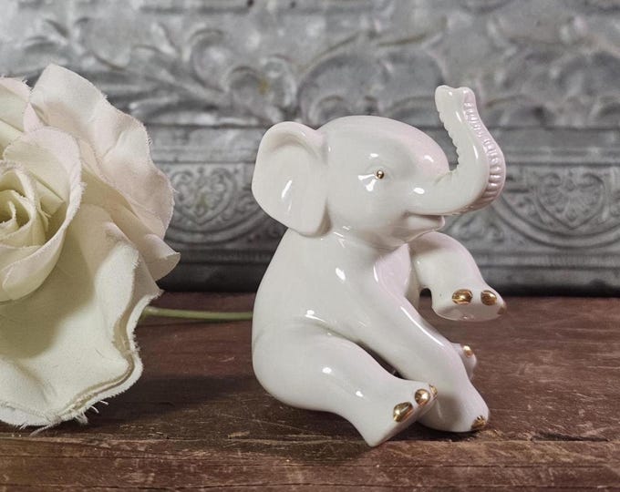 1990s Lenox Ivory Porcelain Baby Elephant with 24K Gold Trim