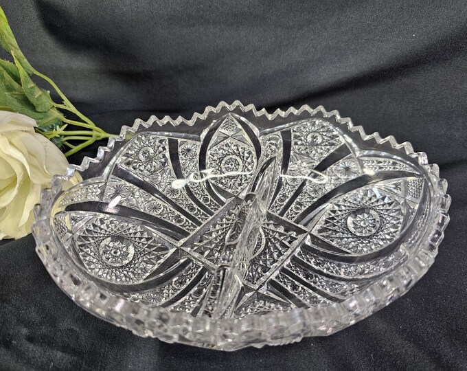 MCM Oval 2-part Relish Dish | Daisy and Button Clear by Imperial Glass-Ohio