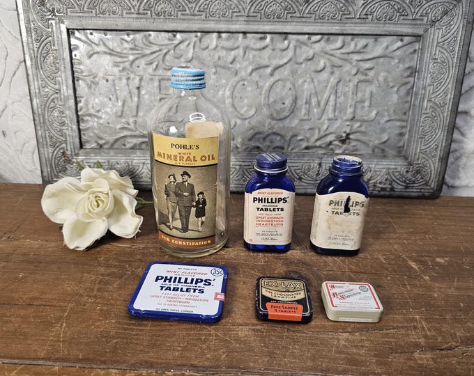 Vintage Medicine Containers: Pohles, Mineral Oil, Phillips Milk Magnesia, Ex-lax, Anusol | Choose from 6