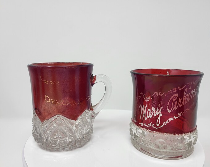 2 Glasses EAPG Souvenir Glass Ruby Flash Ruby Stain, 1897-1920