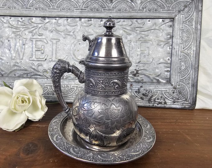 1800s Rockford Quadruple Silver Plate Creamer with Underplate: Etched Floral Design