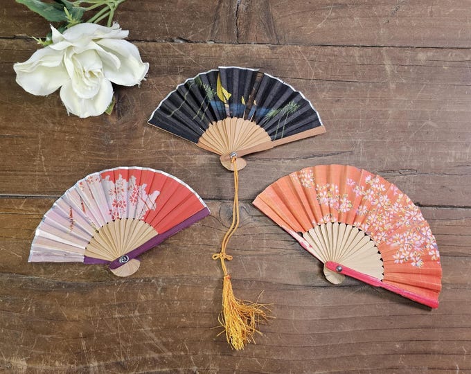 Vintage Small Japanese Silk and Paper Folding Fans | 3 to choose from