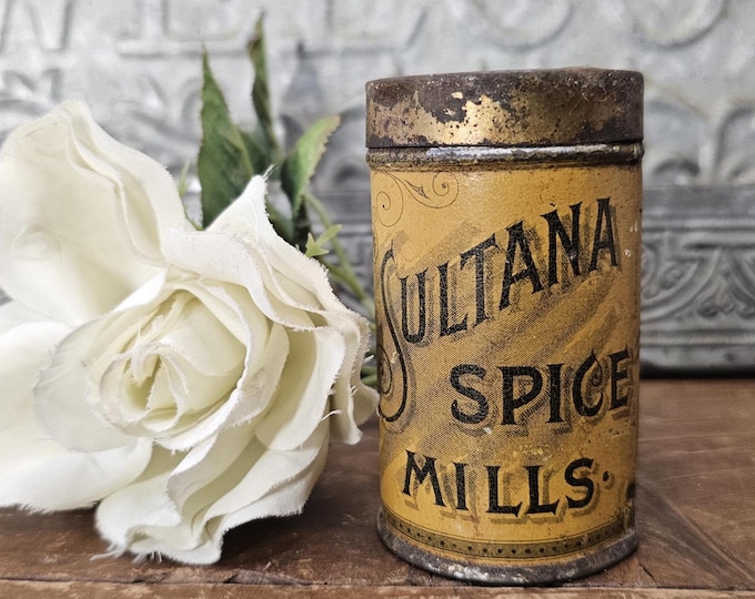 Antique Sultana Spice Mills Allspice Lithograph Tin with Grandmother’s Advice