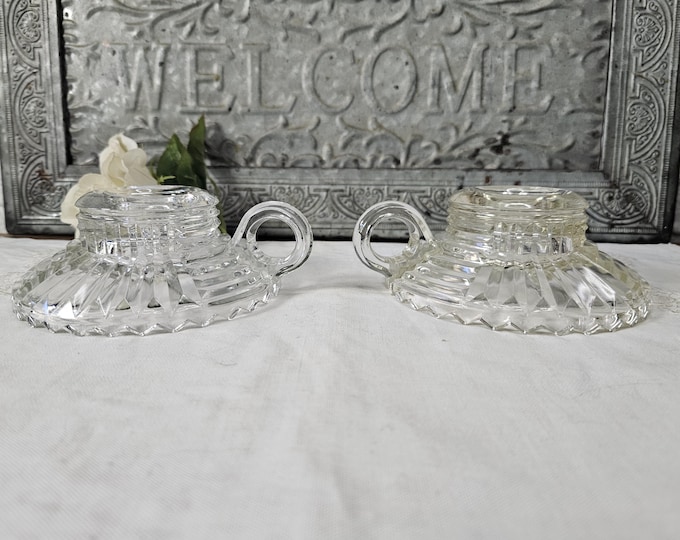 Pair of Anchor Hocking AHC34 Clear Handled Art Deco Candlesticks | Depression Glass