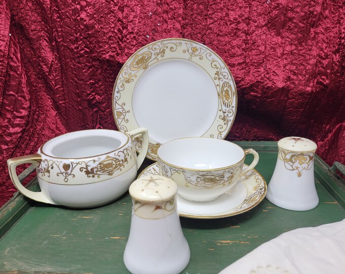 Nippon Noritake Gold Moriage Christmas Ball: Salt-Pepper Shakers, Teacup , Sugar Bowl, Salad Plate