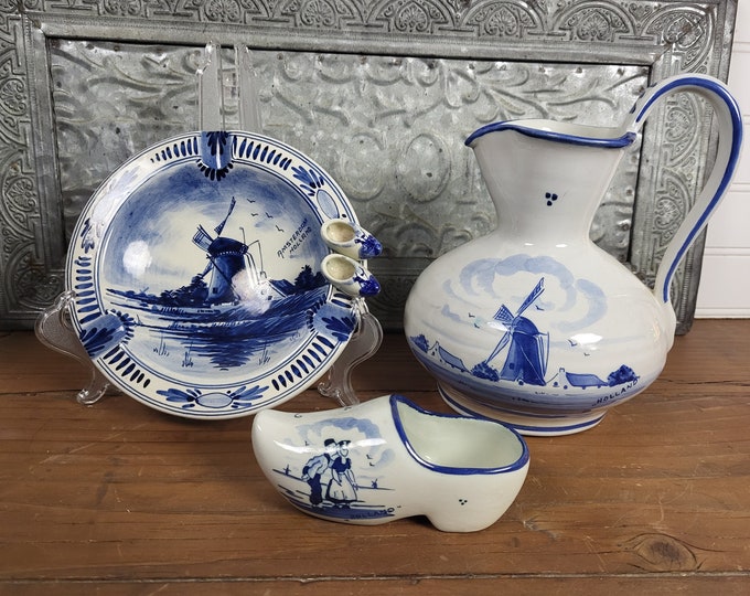 Vtg Hand Painted Dutch Delft Blue and White Ashtray and Clog with Holland Scenes