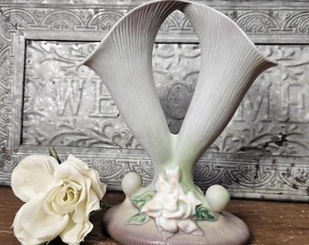 1950s  Roseville Pottery Gardenia Silver Haze Gray Double Cornucopia Vase 622-8 - Repaired