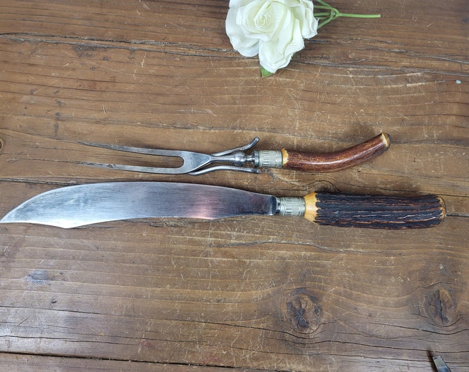 1800s 'Celebrated Carvers' Carving Knife & Meat Fork with Antler Handles - Putnam Cutlery Co