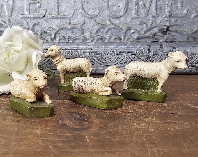 Chalkware-style Plaster Sheep Figurines- Set of Four |  Antique European Style Christmas Nativity Figures