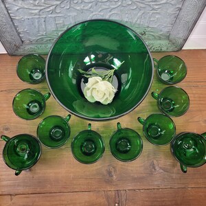Forest Green Punch Bowl Or Glasses by Anchor Hocking
