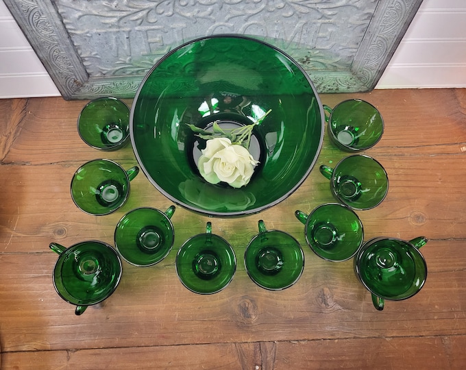 Forest Green Punch Bowl Or Glasses by Anchor Hocking