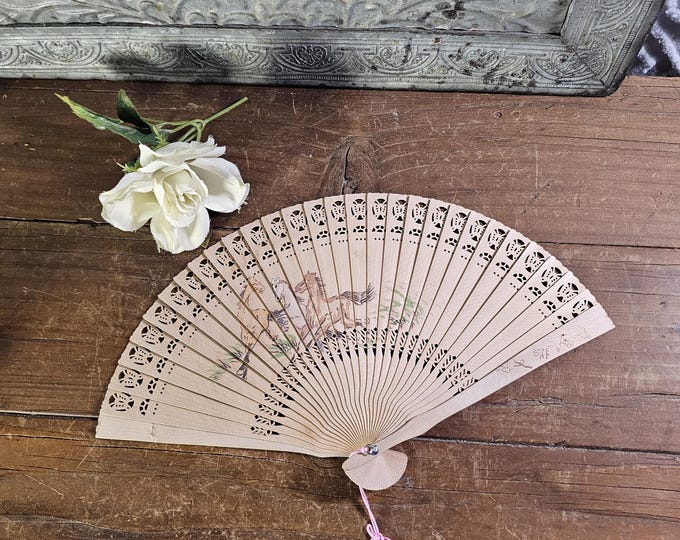 Vintage MCM Chinese Painted Carved Wooden Folding Fan with Pink tassel in Original Box
