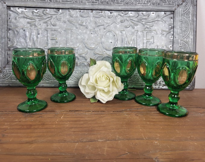 Almond Emerald Green (Gold Accent) by US-Glass - Czech Bohemian Cordial Glasses - Set of 5