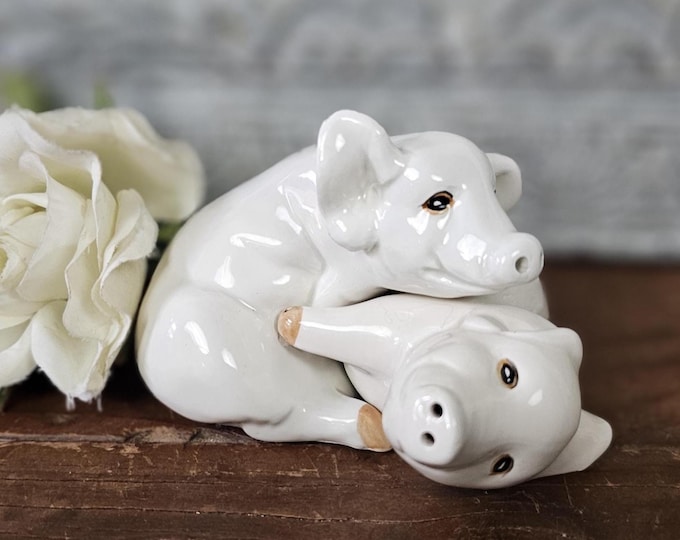 1976 Fitz Floyd Playful Pigs Salt & Pepper Shakers – Snuggling Farmhouse Animals (Retro Kitschy)