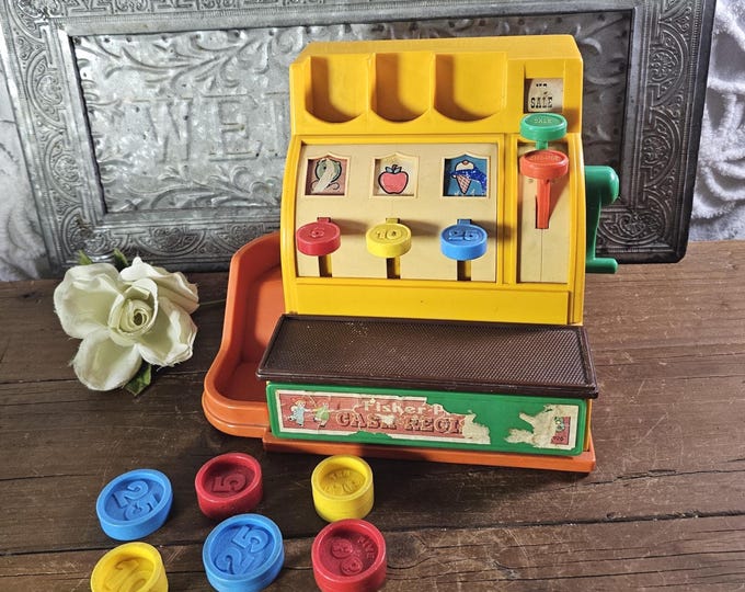 1970s Working Fisher Price Cash Register with 6 Original Coins - As Found