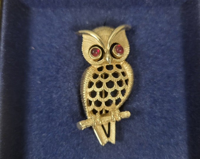 Vintage Avon Owl Brooch Pin - Gold Tone Owl with Red Rhinestones in Original Box