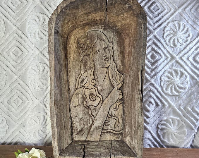 Antique Wooden Trencher-style Dough Bowl with Hand Carved Figure