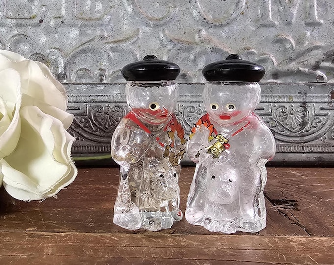 Rare 1930s Glass Boy with Scottish Terrier Salt and Pepper Shakers | Bakelite Lids