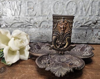 Antique Victorian Art Deco Egyptian Revival Ashtray with Matchbox Holder