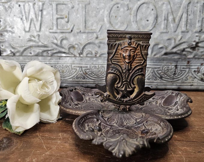 Antique Victorian Art Deco Egyptian Revival Ashtray with Matchbox Holder
