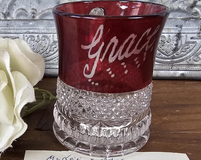 1896 EAPG Ruby Stain Grace Souvenir Cup: Diamond Point & Punty | US Glass Co. #15031
