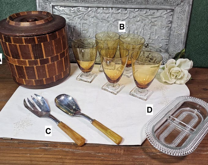 Vintage Farmhouse Decor: Art Deco Fostoria Tumblers, Redwood Bucket, Relish Dish or Bakelite Servers