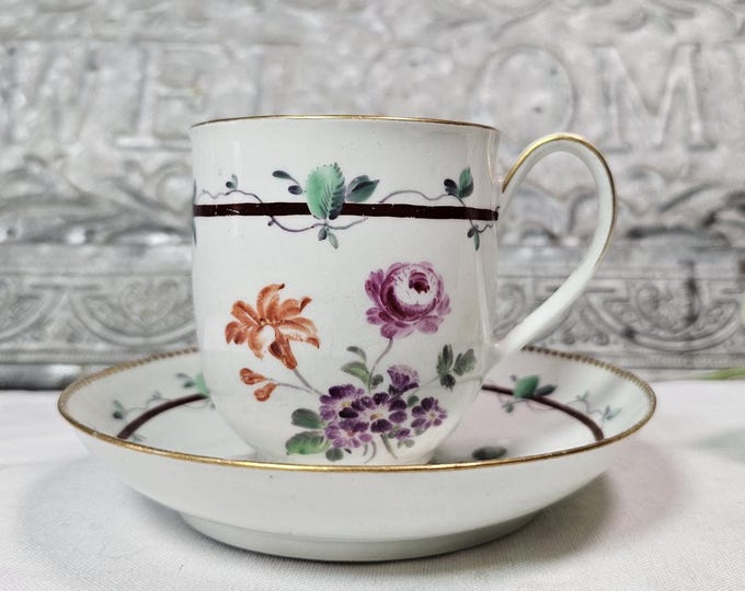 1770s Worcester Porcelain Teacup and Saucer | Floral and Ivy Design | Cottagecore Decor