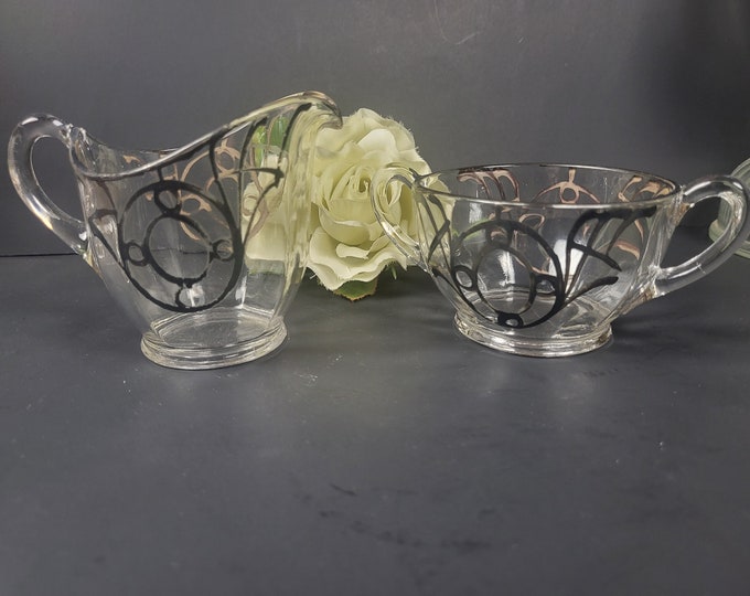 Vtg Open Sugar Bowl and Creamer Pair - Glass Silver Overlay