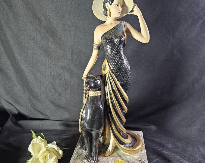 Edoardo Tasco 18" Lady with Black Panther Living-Sculpture | Signed Limited Edition | Capodimonte Region-Italy