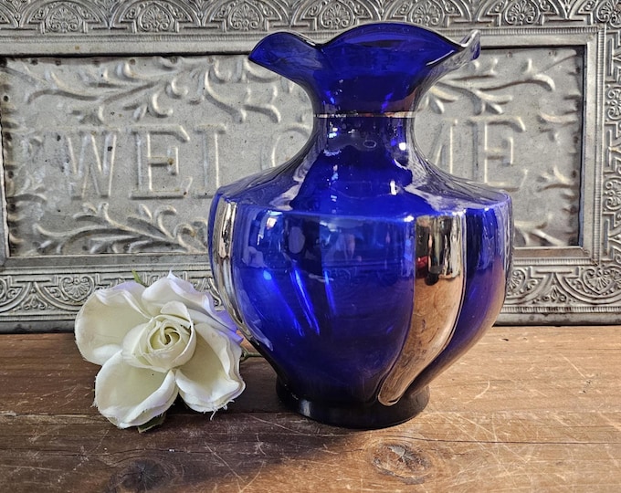 Rare 1930s Cobalt Blue Fluted Urn Vase with Platinum Stripes - Louie Glass Company