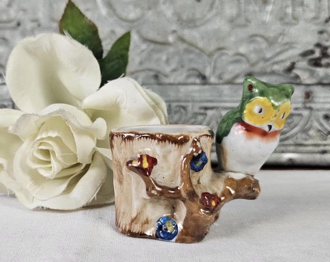 Antique Porcelain Owl in Tree Toothpick Holder | Occupied Japan