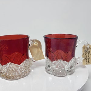 2 Cups EAPG Souvenir Glass Ruby Flash Ruby Stain Duncan Miller Button Arches, 1897-1920
