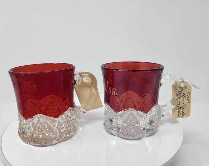 2 Cups EAPG Souvenir Glass Ruby Flash Ruby Stain Duncan Miller Button Arches, 1897-1920