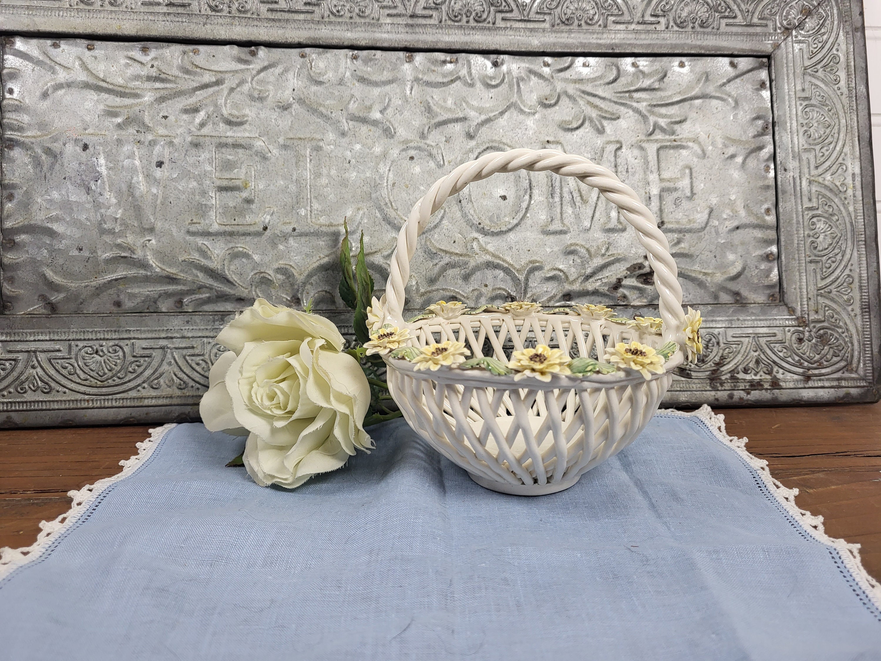 Vintage Beautiful Acer Gubbio Woven Basket With Hand Applied Vintage Beautiful Acer Gubbio Woven Basket With Hand Applied
