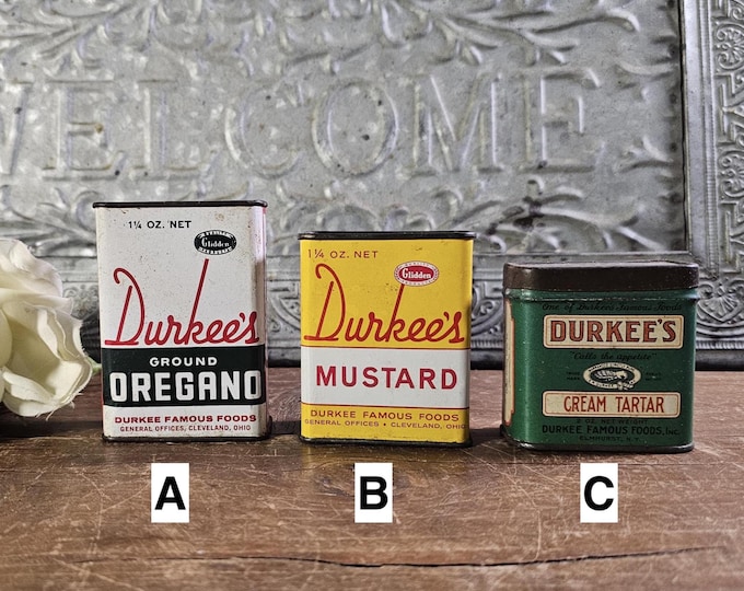 Vintage Durkee's Spice Tins: Choose from Ground Oregano, Mustard or Cream Tartar