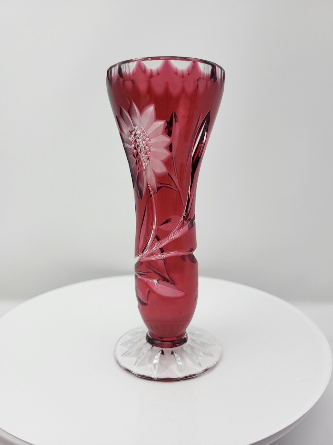 Vintage Cranberry and Clear Crystal Rose Bud Vase With Flower Etsy