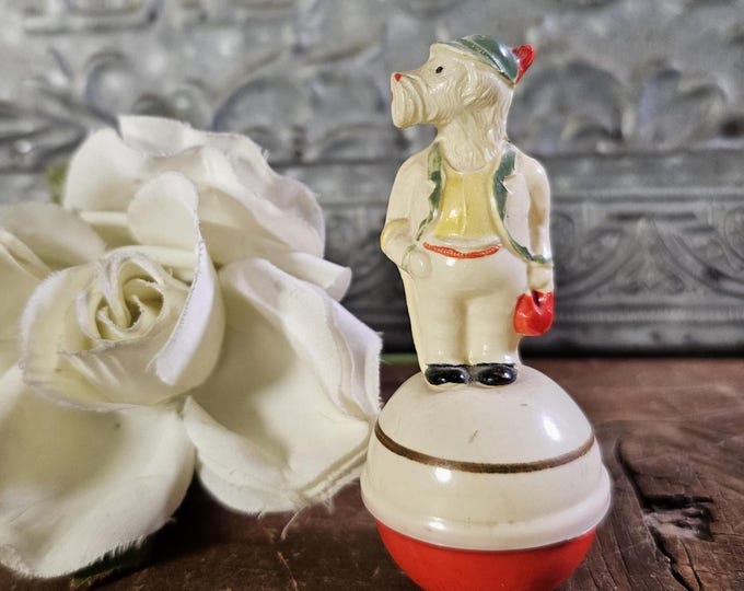 Antique Roly-Poly Celluloid-style Scottie Dog in Bavarian Attire | German Toy