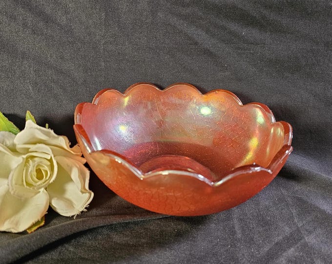 Jeannette Carnival Glass Crackle Marigold Scalloped Serving Bowl - Chipped | Depression Era