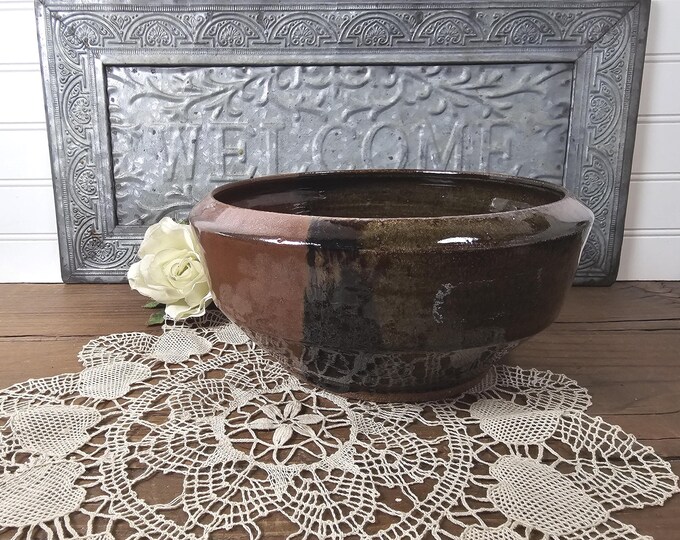1977 Large Studio Art Pottery Green/Black/Rust Bowl - Signed Woody