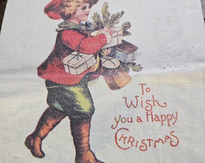 Vintage 1982 Bagtiques ‘To Wish you a Happy Christmas’ Cloth Sack Gift Bag