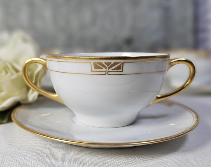 1917 Favorite Bavaria Hand Painted 2-handled Tea Cup and Saucer, Circa 1917