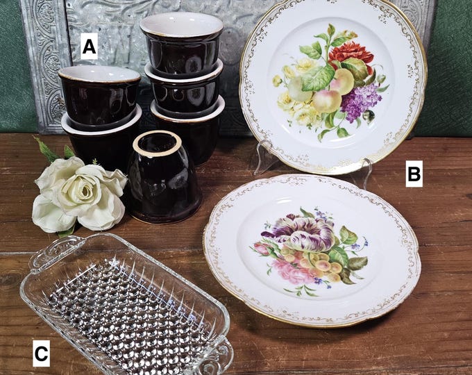 Vintage Cottagecore: USA Pottery Custard Cups, Hand Painted Plates or Relish Dish