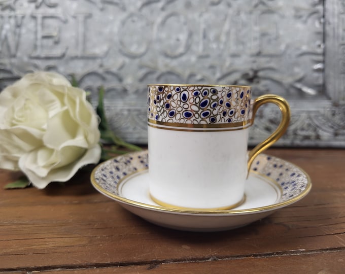 Vtg Bone China Teacup and Saucer - White, Blue and Gold