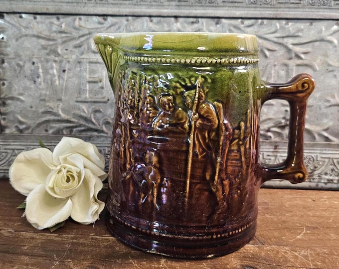 Antique Stoneware Majolica Pottery Pitcher | Primitive Arts and Crafts