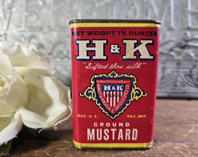 1930s H&K 1.5oz Ground Mustard Lithographed Metal Tin| Hanley and Kinsella Coffee and Spice