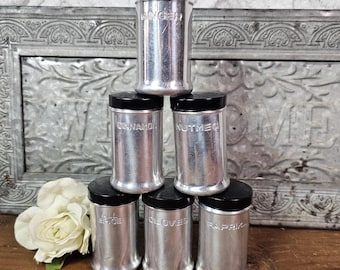 Vintage MCM Aluminum Spice Shakers with Black Lids | Set of 6