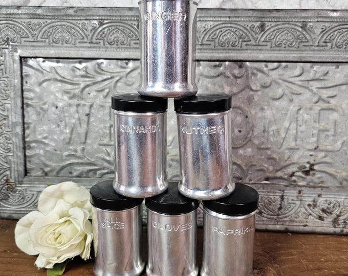 Vintage MCM Aluminum Spice Shakers with Black Lids | Set of 6